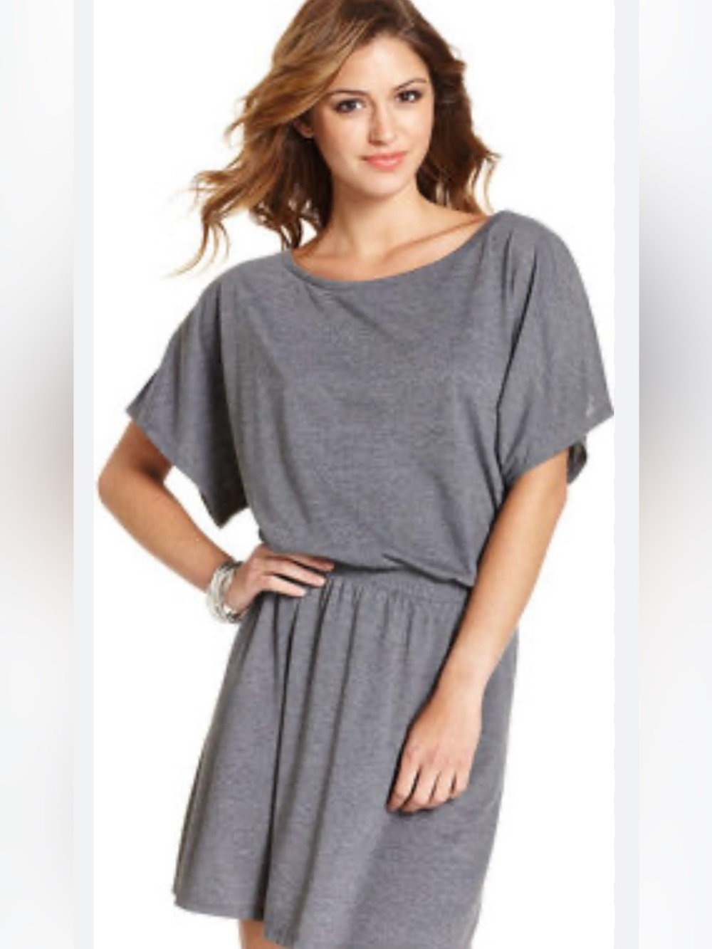 Jessica Simpson size Large Short Sleeve Elastic Smocked Waist Dress Gray